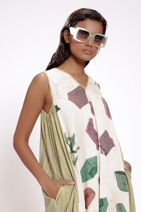 Buy Doh Tak Keh Ivory Rayon V-neck Color Block Flower Market Midi Dress Online at Aza Fashions Buy_Doh Tak Keh_Ivory Rayon V-neck Color Block Flower Market Midi Dress_Online_at_Aza_Fashions