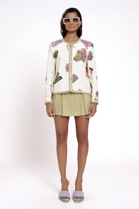Doh Tak Keh_Ivory Rayon V-neck Flower Market Print Jacket_Online_at_Aza_Fashions