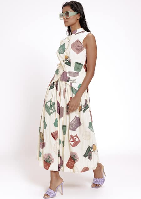 Doh Tak Keh_Ivory Rayon Mandarin Collar Flower Market Printed Vest Top_Online_at_Aza_Fashions