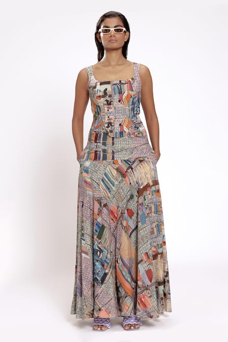 Shop_Doh Tak Keh_Gray Rayon Square Neck Scenic Print Grey Corset_Online_at_Aza_Fashions