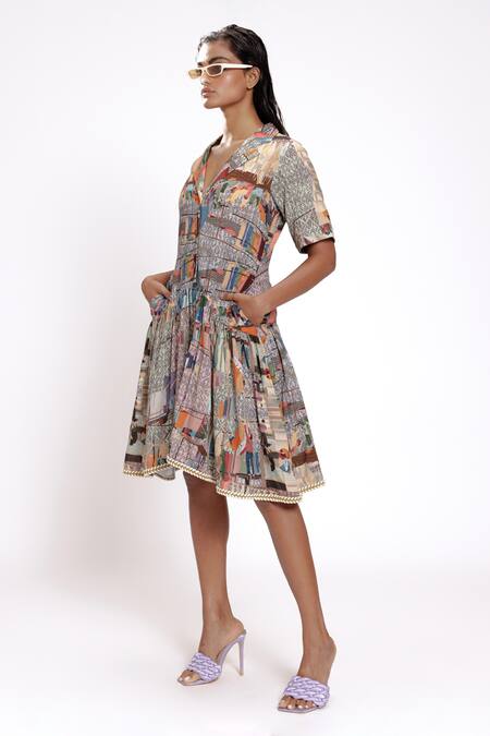 Doh Tak Keh_Gray Rayon Open Neck Grey Scenic Print Asymmetric Gathered Dress_Online_at_Aza_Fashions