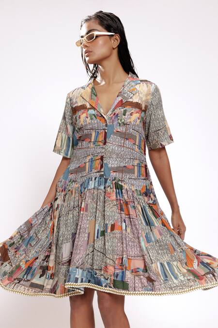Buy_Doh Tak Keh_Gray Rayon Open Neck Grey Scenic Print Asymmetric Gathered Dress_Online_at_Aza_Fashions