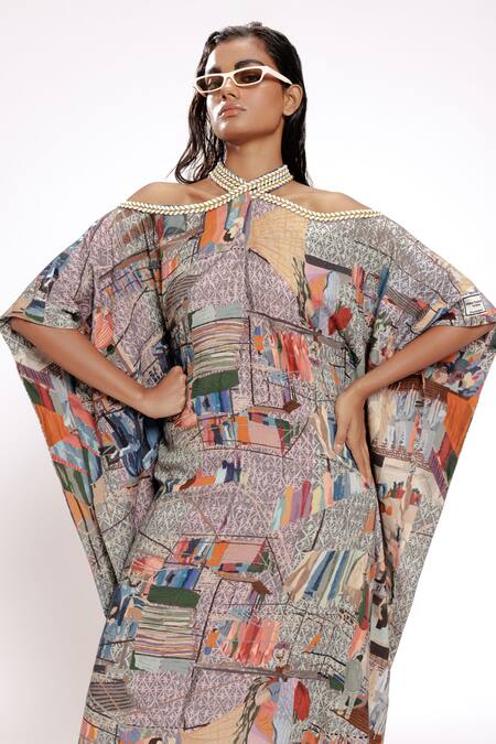 Doh Tak Keh Gray Rayon Halter Neck Scenic Print Kaftan Online at Aza Fashions Doh Tak Keh_Gray Rayon Halter Neck Scenic Print Kaftan_Online_at_Aza_Fashions