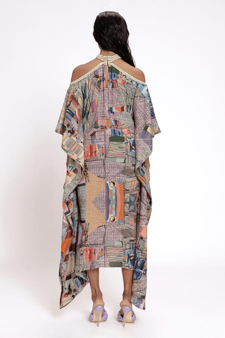 Shop Doh Tak Keh Gray Rayon Halter Neck Scenic Print Kaftan at Aza Fashions Shop_Doh Tak Keh_Gray Rayon Halter Neck Scenic Print Kaftan_at_Aza_Fashions