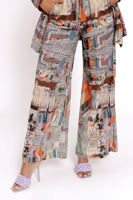 Doh Tak Keh Gray Rayon Grey Scenic Print Flared Trouser Online at Aza Fashions Doh Tak Keh_Gray Rayon Grey Scenic Print Flared Trouser_Online_at_Aza_Fashions