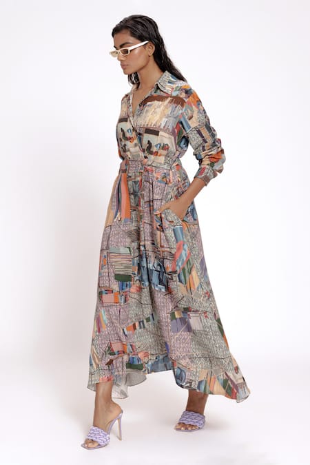 Doh Tak Keh Gray Rayon Collared Grey Scenic Print Asymmetric Shirt Dress Online at Aza Fashions Doh Tak Keh_Gray Rayon Collared Grey Scenic Print Asymmetric Shirt Dress_Online_at_Aza_Fashions
