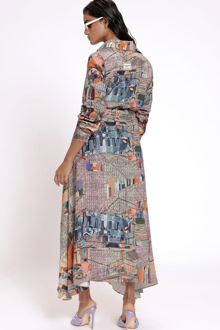 Shop Doh Tak Keh Gray Rayon Collared Grey Scenic Print Asymmetric Shirt Dress at Aza Fashions Shop_Doh Tak Keh_Gray Rayon Collared Grey Scenic Print Asymmetric Shirt Dress_at_Aza_Fashions