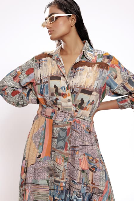 Buy Doh Tak Keh Gray Rayon Collared Grey Scenic Print Asymmetric Shirt Dress Online at Aza Fashions Buy_Doh Tak Keh_Gray Rayon Collared Grey Scenic Print Asymmetric Shirt Dress_Online_at_Aza_Fashions
