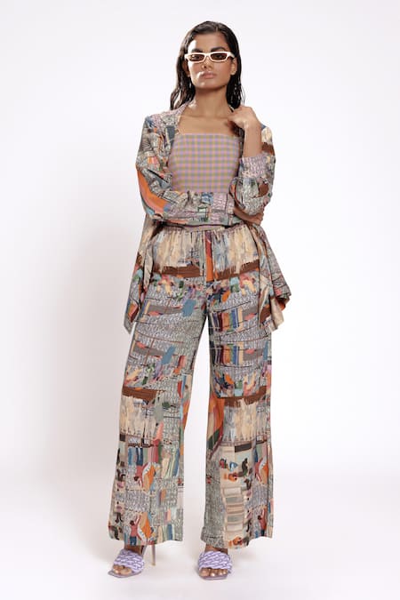 Doh Tak Keh_Gray Rayon Open Neck Scenic Print Grey Jacket _Online_at_Aza_Fashions