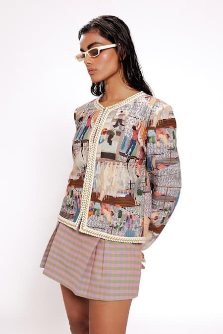 Doh Tak Keh_Gray Rayon V-neck Scenic Print Grey Tweed Jacket_Online_at_Aza_Fashions