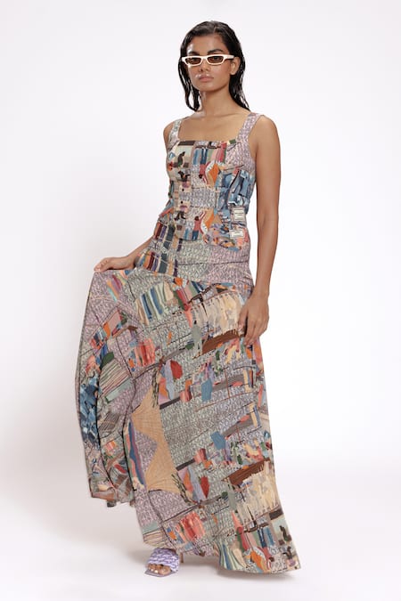 Doh Tak Keh_Gray Rayon Dhulai Scenic Print Long Skirt_Online_at_Aza_Fashions