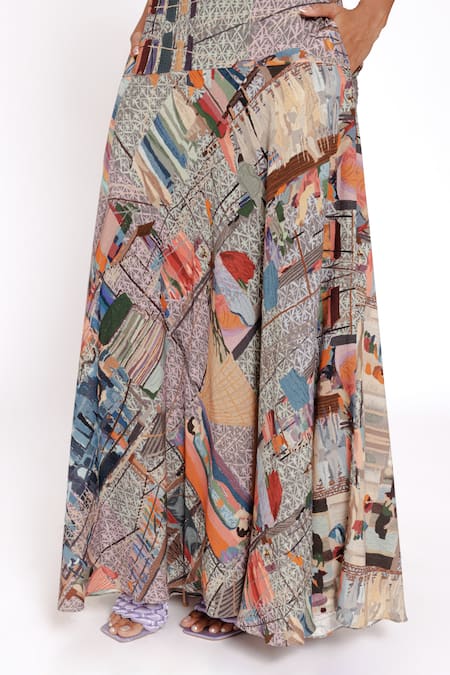 Buy_Doh Tak Keh_Gray Rayon Dhulai Scenic Print Long Skirt_Online_at_Aza_Fashions