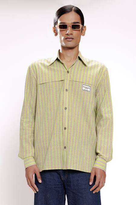 Doh Tak Keh_Green Cotton Stripe Pattern Designer Shirt _Online_at_Aza_Fashions