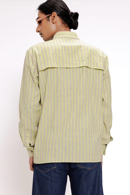 Shop_Doh Tak Keh_Green Cotton Stripe Pattern Designer Shirt _at_Aza_Fashions