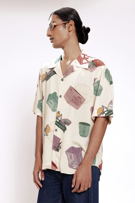 Doh Tak Keh Ivory Rayon Dadar Flower Market Print Shirt Online at Aza Fashions Doh Tak Keh_Ivory Rayon Dadar Flower Market Print Shirt_Online_at_Aza_Fashions