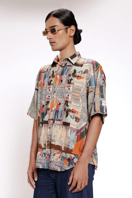 Doh Tak Keh_Gray Rayon Dhobighat Print Grey Shirt_Online_at_Aza_Fashions