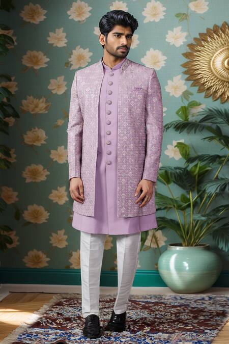 Arihant Rai Sinha_Purple Silk Embroidery, Sequins Floral Jacket Set _Online_at_Aza_Fashions