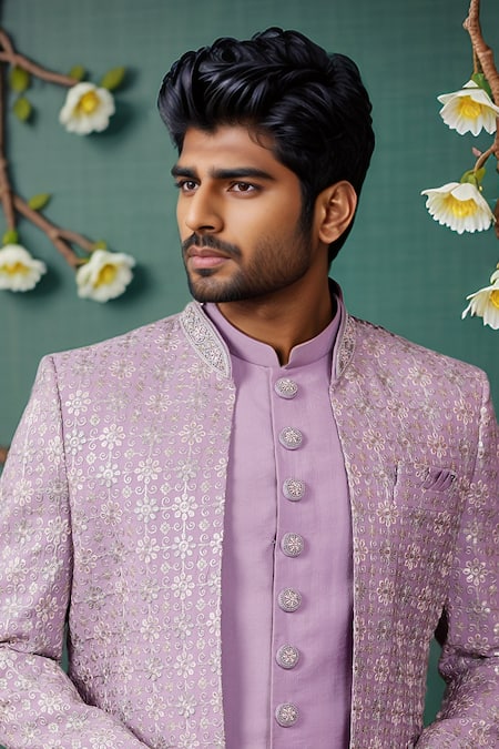 Buy_Arihant Rai Sinha_Purple Silk Embroidery, Sequins Floral Jacket Set _Online_at_Aza_Fashions