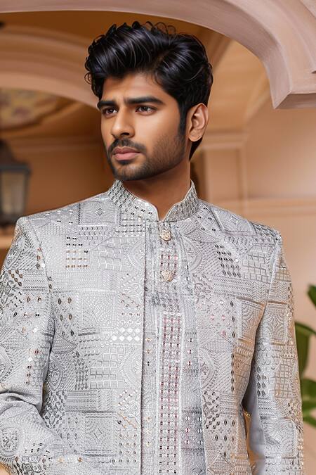 Arihant Rai Sinha Gray Denim Sequins Geometric Embroidered Sherwani And Aligadhi Pant Online at Aza Fashions Arihant Rai Sinha_Gray Denim Sequins Geometric Embroidered Sherwani And Aligadhi Pant _Online_at_Aza_Fashions