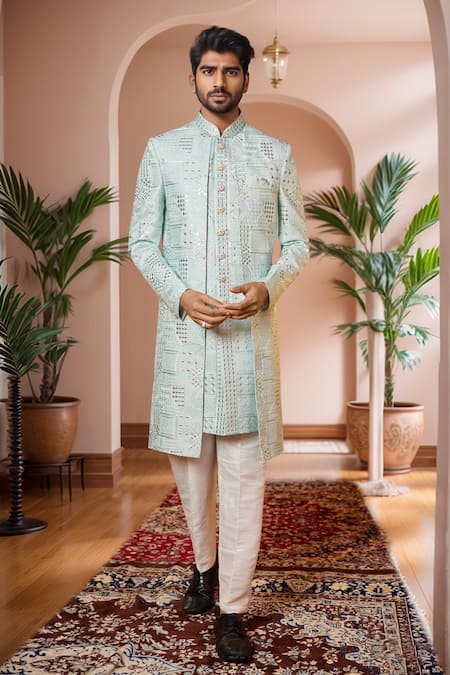Arihant Rai Sinha_Green Silk Embroidery, Sequins Geometric Sherwani And Aligadhi Pant _Online_at_Aza_Fashions