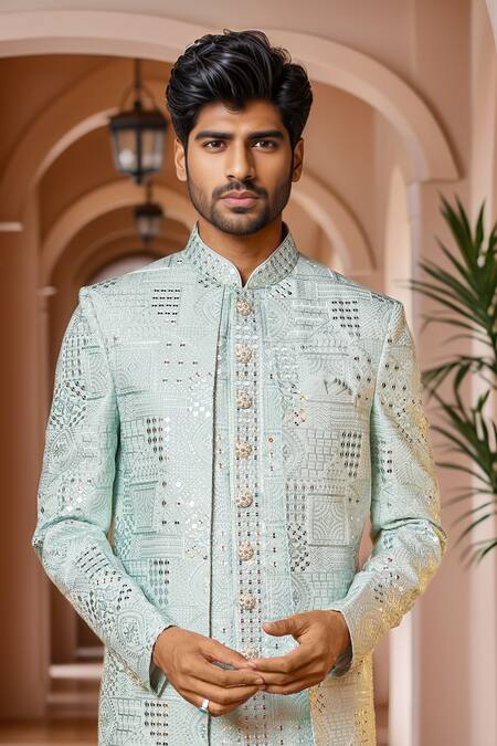 Buy_Arihant Rai Sinha_Green Silk Embroidery, Sequins Geometric Sherwani And Aligadhi Pant _Online_at_Aza_Fashions