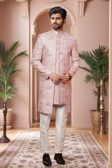 Arihant Rai Sinha_Pink Silk Embroidery, Sequins Geometric Thread Sherwani And Pant _Online_at_Aza_Fashions