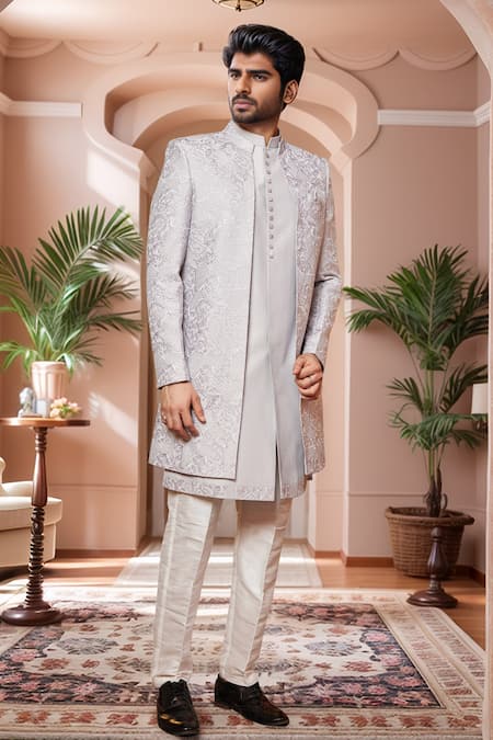 Shop_Arihant Rai Sinha_Gray Silk Embroidery Geometric Jacket Sherwani Set _at_Aza_Fashions