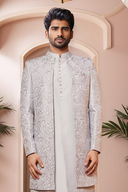 Arihant Rai Sinha_Gray Silk Embroidery Geometric Jacket Sherwani Set _Online_at_Aza_Fashions