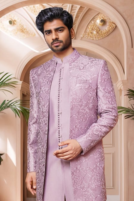 Arihant Rai Sinha_Purple Silk Embroidery Geometric Thread Sherwani Set _Online_at_Aza_Fashions