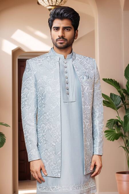 Arihant Rai Sinha Blue Silk Embroidery Geometric Jacket Kurta Set Online at Aza Fashions Arihant Rai Sinha_Blue Silk Embroidery Geometric Jacket Kurta Set _Online_at_Aza_Fashions