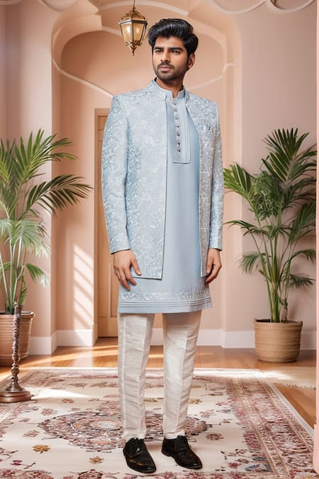 Shop Arihant Rai Sinha Blue Silk Embroidery Geometric Jacket Kurta Set at Aza Fashions Shop_Arihant Rai Sinha_Blue Silk Embroidery Geometric Jacket Kurta Set _at_Aza_Fashions