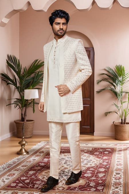 Shop Arihant Rai Sinha Cream Silk Sequins, Embroidery Thread Jacket Kurta Set at Aza Fashions Shop_Arihant Rai Sinha_Cream Silk Sequins, Embroidery Thread Jacket Kurta Set _at_Aza_Fashions
