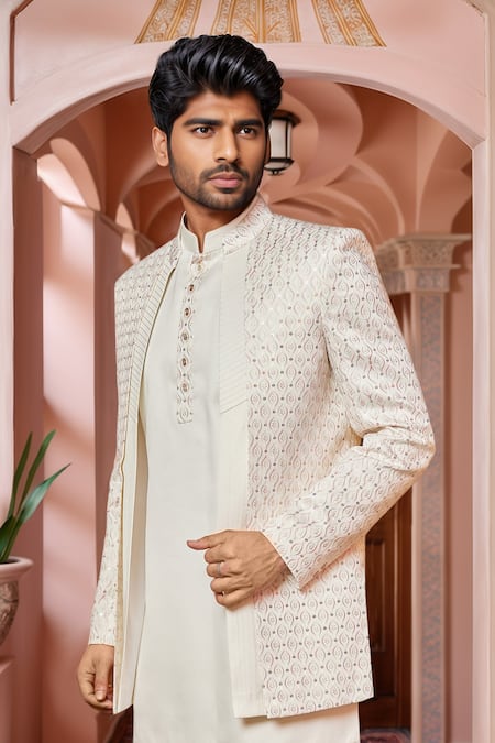 Arihant Rai Sinha Cream Silk Sequins, Embroidery Thread Jacket Kurta Set Online at Aza Fashions Arihant Rai Sinha_Cream Silk Sequins, Embroidery Thread Jacket Kurta Set _Online_at_Aza_Fashions