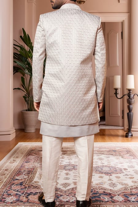 Shop Arihant Rai Sinha Gray Silk Sequins, Embroidery Mughal Sherwani Set at Aza Fashions Shop_Arihant Rai Sinha_Gray Silk Sequins, Embroidery Mughal Sherwani Set _at_Aza_Fashions