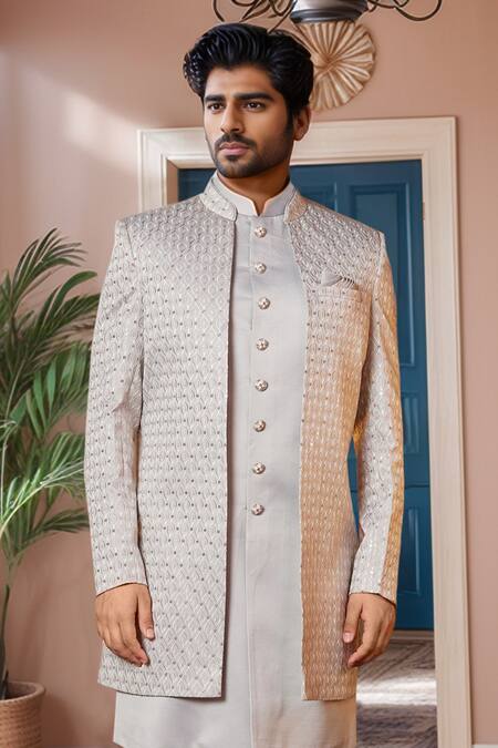 Arihant Rai Sinha Gray Silk Sequins, Embroidery Mughal Sherwani Set Online at Aza Fashions Arihant Rai Sinha_Gray Silk Sequins, Embroidery Mughal Sherwani Set _Online_at_Aza_Fashions