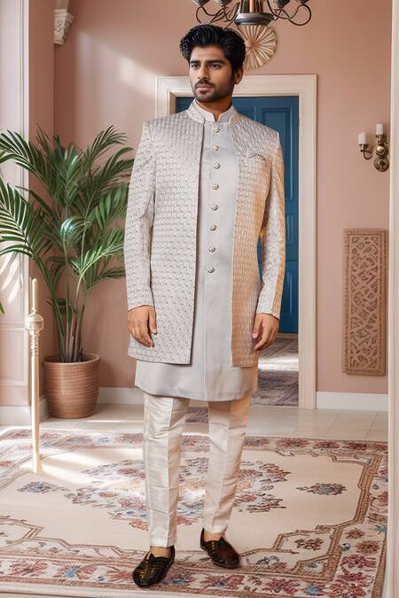 Buy Arihant Rai Sinha Gray Silk Sequins, Embroidery Mughal Sherwani Set Online at Aza Fashions Buy_Arihant Rai Sinha_Gray Silk Sequins, Embroidery Mughal Sherwani Set _Online_at_Aza_Fashions