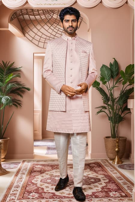 Arihant Rai Sinha_Pink Silk, Faux Leather Sequins, Embroidery Onion Thread Work Sherwani Set _Online_at_Aza_Fashions