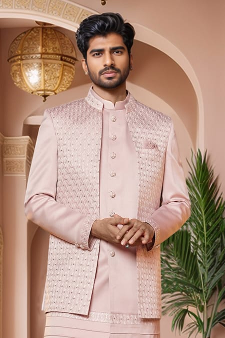 Buy_Arihant Rai Sinha_Pink Silk, Faux Leather Sequins, Embroidery Onion Thread Work Sherwani Set _Online_at_Aza_Fashions