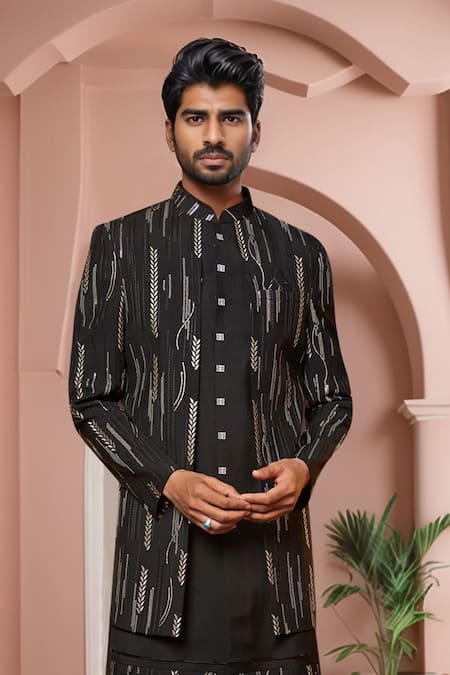 Arihant Rai Sinha_Black Silk Sequins, Embroidery Leaf Stripe Sherwani Set _Online_at_Aza_Fashions
