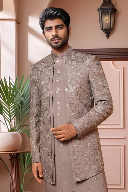 Arihant Rai Sinha Brown Silk Embroidery, Sequins Geometric Sherwani Set Online at Aza Fashions Arihant Rai Sinha_Brown Silk Embroidery, Sequins Geometric Sherwani Set _Online_at_Aza_Fashions