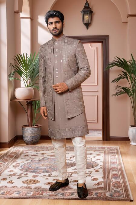 Buy Arihant Rai Sinha Brown Silk Embroidery, Sequins Geometric Sherwani Set Online at Aza Fashions Buy_Arihant Rai Sinha_Brown Silk Embroidery, Sequins Geometric Sherwani Set _Online_at_Aza_Fashions