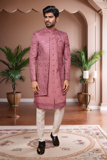 Shop_Arihant Rai Sinha_Pink Silk Sequins, Embroidery Onion Sherwani Set _at_Aza_Fashions
