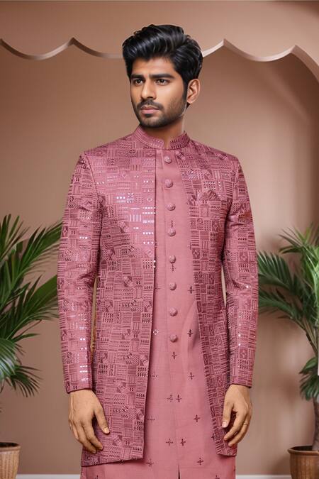 Arihant Rai Sinha_Pink Silk Sequins, Embroidery Onion Sherwani Set _Online_at_Aza_Fashions
