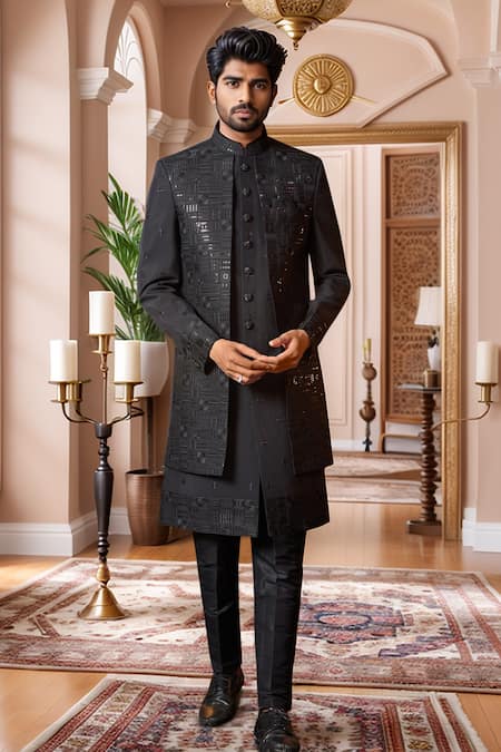 Aryavir Malhotra Geometric Embroidered Sherwani Set 