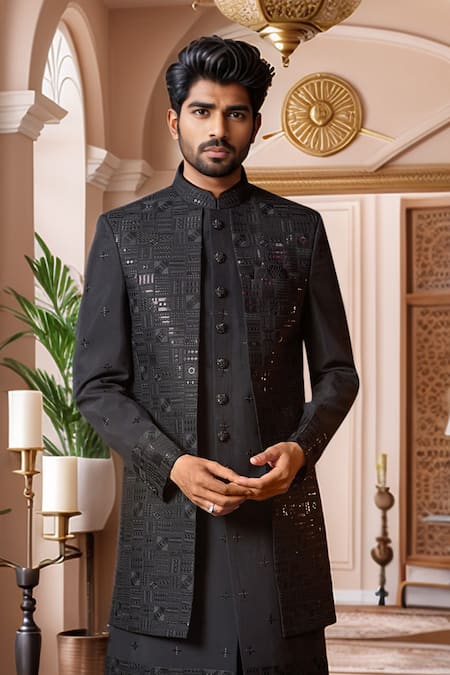 Arihant Rai Sinha Black Silk, Faux Leather Sequins, Embroidery Geometric Sherwani Set Online at Aza Fashions Arihant Rai Sinha_Black Silk, Faux Leather Sequins, Embroidery Geometric Sherwani Set _Online_at_Aza_Fashions