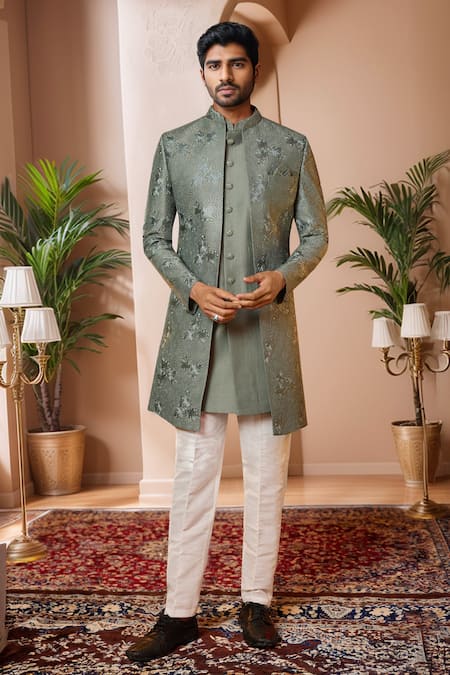 Buy Arihant Rai Sinha Green Silk, Faux Leather, Denim Sequins, Embroidery Floral Jacket Sherwani Set Online at Aza Fashions Buy_Arihant Rai Sinha_Green Silk, Faux Leather, Denim Sequins, Embroidery Floral Jacket Sherwani Set _Online_at_Aza_Fashions