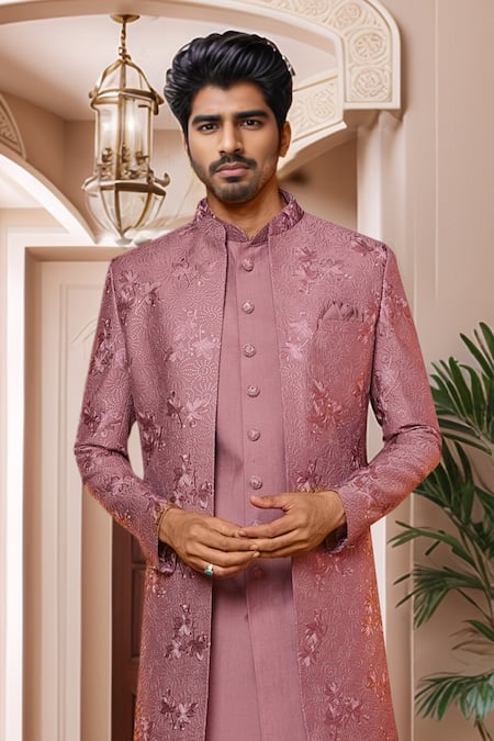 Arihant Rai Sinha_Pink Silk, Denim Sequins, Embroidery Onion Thread Sherwani Set _Online_at_Aza_Fashions