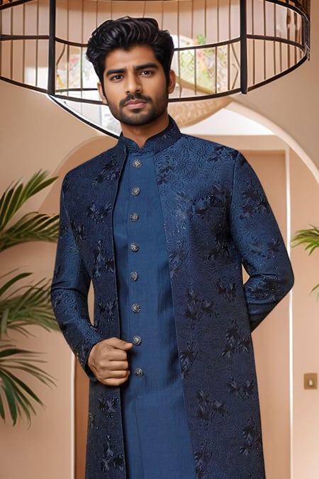 Arihant Rai Sinha_Blue Silk, Faux Leather Sequins, Embroidery Floral Thread Jacket Sherwani Set _Online_at_Aza_Fashions