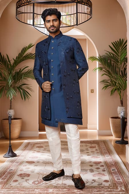 Aryavir Malhotra Floral Thread Embroidered Jacket Sherwani Set 