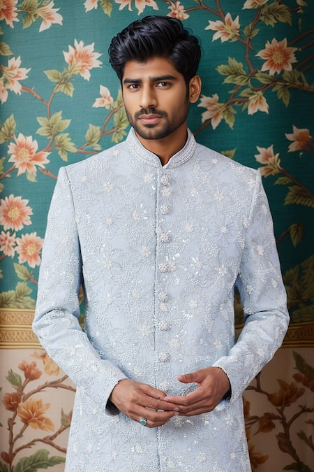 Arihant Rai Sinha_Off White Silk Beads Bloom Embroidered Sherwani And Churidar _Online_at_Aza_Fashions